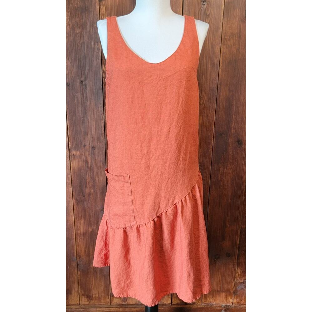 Garnet Hill Women Size 4 Papaya 100% Linen Strapless Dress Front Pocket Feminine
